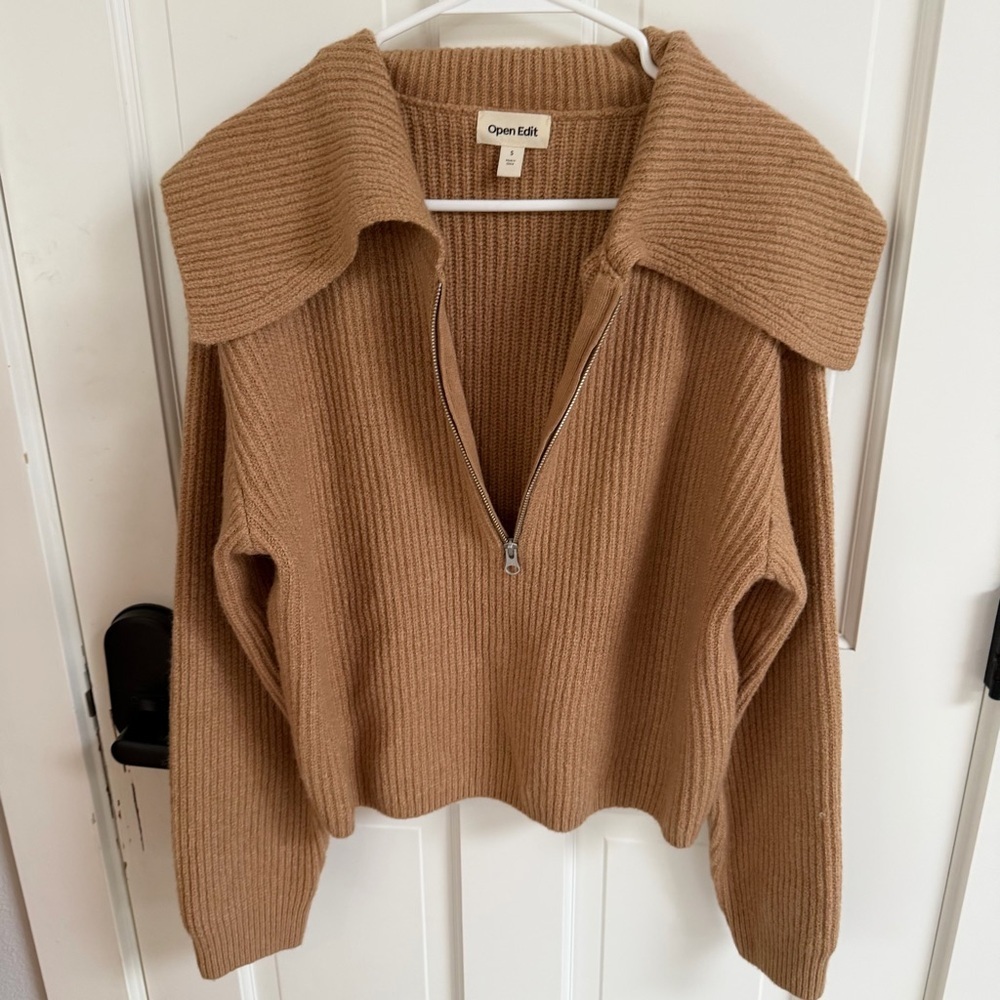 Brown Nordstrom Open Edit Ribbed Half-Zip Sweater - Picture 3 of 8